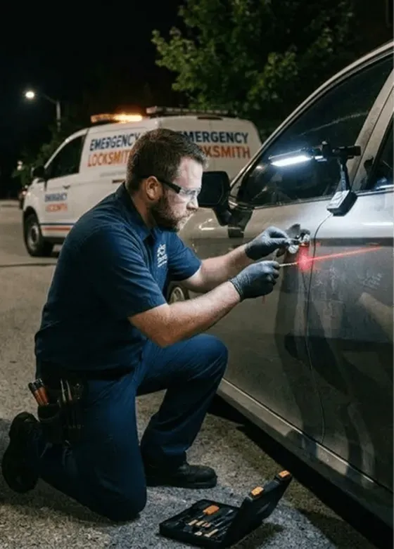 Locksmith opening a locked car door at night